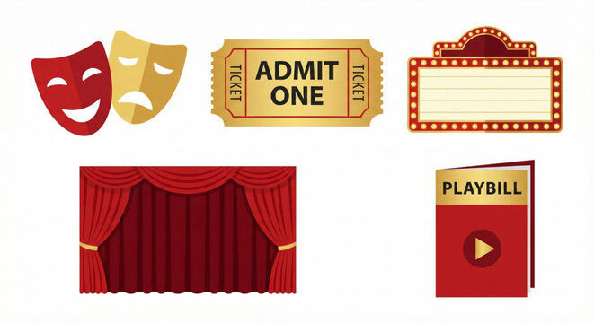 Iconic symbols of theatrical arts including masks, tickets, stage, and playbill