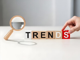 Crystal ball with wooden blocks spelling TRENDS representing business forecasting future predictions and market trend analysis concept