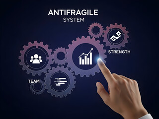 Business hand pointing at anti-fragile system with connected gears icons representing security resilience and operational strength concept