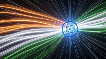 Brilliant Ashok Chakra illuminates center with glowing light trails, showing India's pride.
