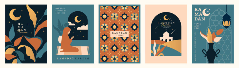 Set of Ramadan holiday greeting card designs in minimalist style featuring a praying woman in a hijab, mosque silhouettes, crescent moons and floral motifs, vector illustration