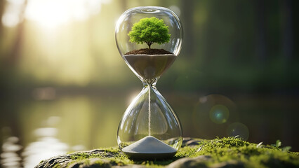 Hourglass with plants on a natural island in a serene lake
