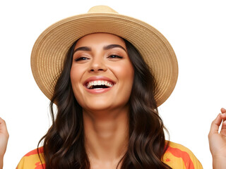  Joyful woman with long brown hair wearing straw hat laughing happily isolated on white background summer portrait