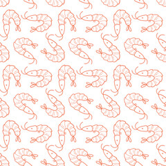 Seamless Hand Drawn Shrimp Pattern with Seafood Outline Illustration