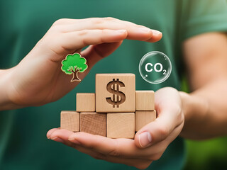 Hand with cardboard boxes dollar and CO2 symbols representing sustainable ecommerce green delivery and carbon footprint reduction
