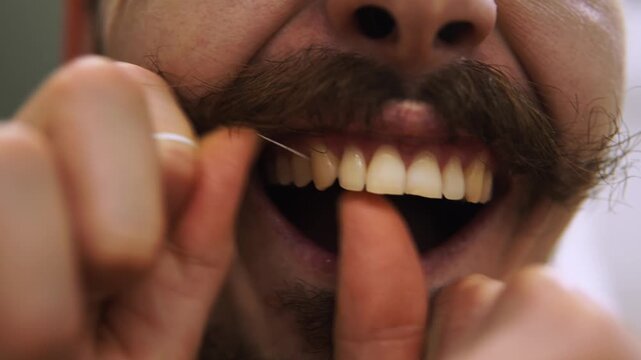 Closeup man removing debris from teeth using floss, visible food fragment near gum line, careful hand movement, interrupted meal quick fix, bathroom lighting, detailfocused personal care.
