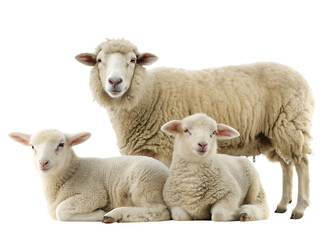 Obraz premium Sheep and two lambs on white background isolated on a transparent background baby animal