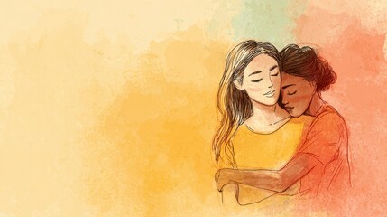 Diverse friendship and supportive embrace in warm artistic illustration,Valentine’s Day