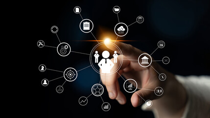 A concept of centralized business management and corporate strategy. A leadership team connecting to all functions like finance, operations, and planning. Motif