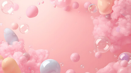 Three dimensional render of translucent pastel colored bubbles in various sizes and shapes floating gently against a soft pink background with a subtle gradient effect, the bubbles have a delicate 