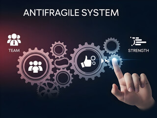 Anti-fragile system concept with connected gears and business icons representing resilience security and operational strength