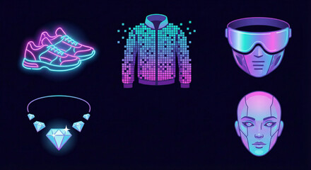 A curated set of neon-infused digital wearables, representing future trends in virtual reality and online identity in a simulated world