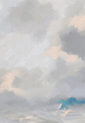 Impressionistic Seascape of Dramatic Billowy Gray & Peach Storm Clouds w/3 Sailboats Tossed in Turbulent Sea-Digital Painting, Art, Illustration, Artwork, Design w/Texture in Peach, Pink, Gray, & Teal