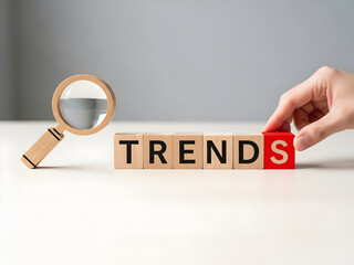 Crystal ball with wooden blocks spelling TRENDS representing business forecasting and future market predictions