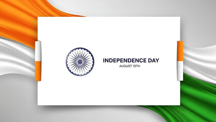 A white rectangular card displaying Independence Day text and Ashoka Chakra on a flowing Indian flag background.