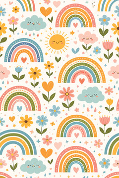 Rainbow Cute Happy Joyful illustration Children Spring Flowers Rain Clouds Showers April Sunny Rainbows Vector Print Design