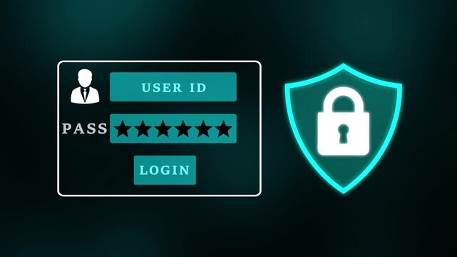 A user id  selects a holographic login form with password and shield icon. biometric digital identity security technology concept 