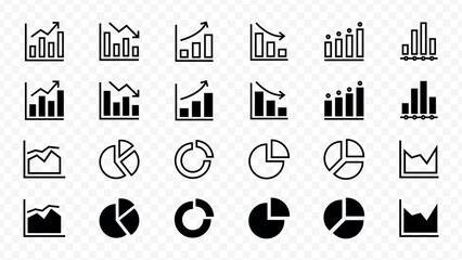 Collection of business and financial chart icons in black and white on transparent background graph data