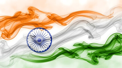 Abstract smoke in vibrant orange, white, and green forms the Indian flag with a prominent Ashoka Chakra.