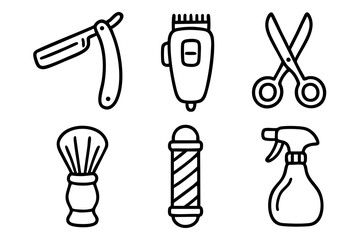 Barber and hair salon doodle outline icons set, grooming tools and haircut equipment, black and white hand drawn line art illustration