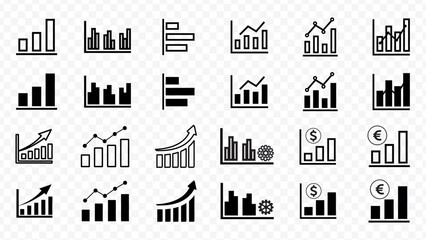 Collection of black and white bar and line graph icons representing data analysis and growth chart statistics