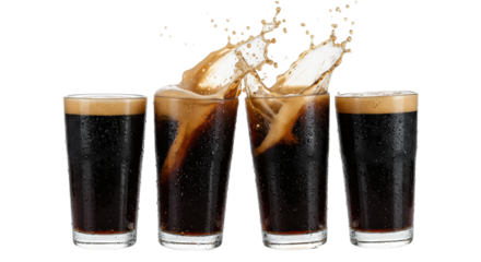 Close-up macro of four heavy pint mugs of cold obsidian stout beer, two violently splashing mid-cheers, condensation on glass, high-key white background, concept for premium stout advertising