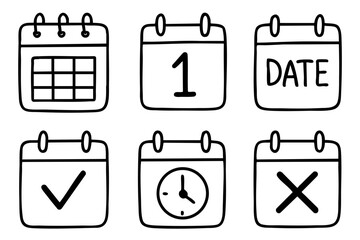 Calendar and date doodle outline icons set, time management and scheduling symbols, black and white hand drawn line art illustration