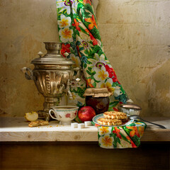 A bright, cozy still life with a samovar, tea, and treats