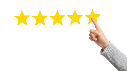 Female hand giving a five yellow star rating for excellent customer feedback and top-quality service, isolated on transparent background.