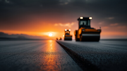 Road roller machines compacting fresh asphalt at sunset, construction equipment working on highway with dramatic orange sky and lighting