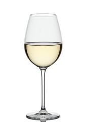 pristine, elegant crystal stemmed glass holding crisp pale golden white wine, detailed macro shot with brilliant specular highlights against a transparent background. concept for luxury beverage