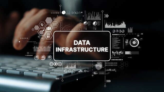 Hands Typing on Keyboard with Data Infrastructure Graphics and Visual Elements for Technology and Information Management. Asymptotic smart data analytic. - Powered by Adobe