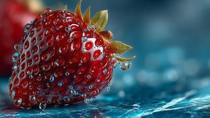 Macro shot of fresh strawberries with water droplets on a reflective marble surface