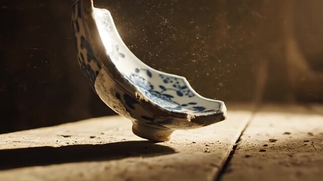 Close-up of a broken blue and white ceramic vase on a wooden surface with dust particles in the air and warm lighting.