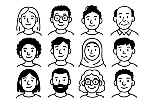 Diverse faces and people avatars doodle icon set in black and white outline style