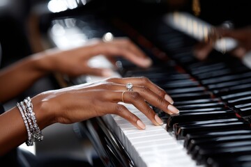 Obraz premium Elegant hands playing a grand piano in a softly lit room during a music practice session