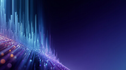 A futuristic data stream with glowing particles on a blue gradient background. An abstract background with dynamic vertical light beams, glowing particles, and data streams in blue and purple tones