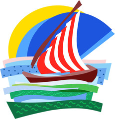 Dhow with a striped sail, abstract illustration