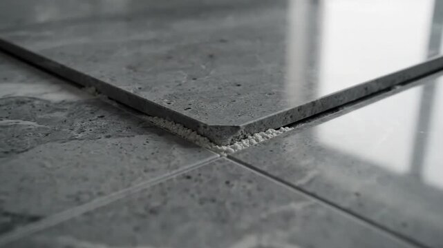 Close-up of dark gray marble tiles with a reflective surface and a thin grout line, showcasing a seamless joint in a modern interior setting.