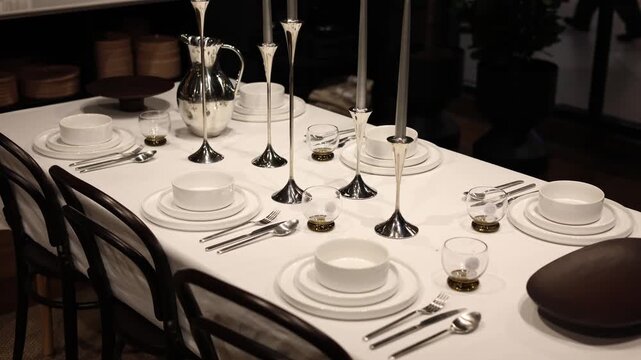 Elegant table setting with beautiful tableware on white tablecloth candle holders on table cozy dinner atmosphere calm evening light refined home dining lifestyle scene