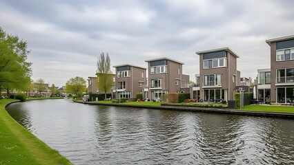 Fototapeta premium High Quality Rippled river between park and contemporary residential house exteriors under cloudy sky in Amsterdam Holland Stock Photo for Commercial and Creative Use