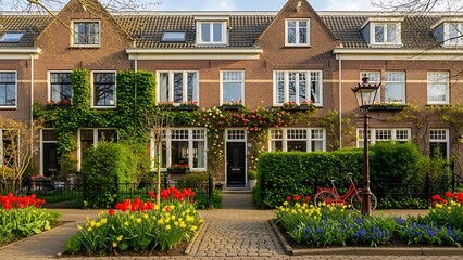 High Quality Charming brown brick house in roggebotstraat, amsterdam, accented with vibrant greenery and a welcoming garden pathway Stock Photo for Commercial and Creative Use