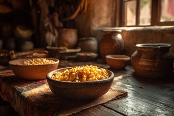 Rustic Kitchen Scene: Warm Sunlight on Clay Bowls with Golden Lentils