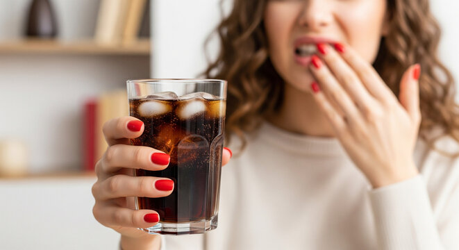Woman Experiencing Tooth Sensitivity After Drinking Cold Soda &ndash; Lifestyle Health Photo of Dental Pain in Modern Home Setting