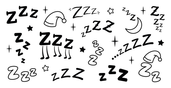 Dream symbol ZZZ. Hand drawn sleep doodle set with ZZZ symbols, moon, stars and night cap, playful illustration collection for bedtime and dreams, cute sketch style elements for sleep concept