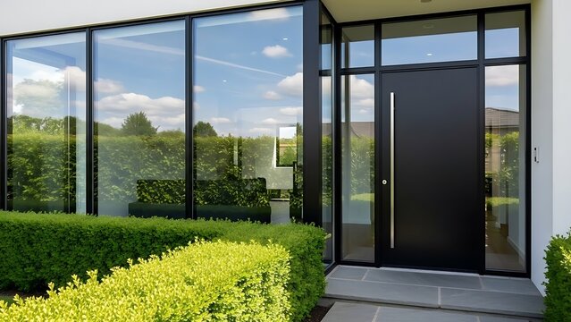 High Quality A contemporary house entryway featuring a stylish black door, flanked by large windows and a vibrant green hedge. Stock Photo for Commercial and Creative Use