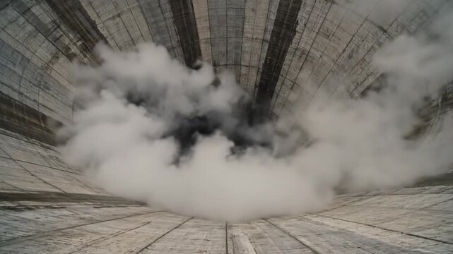 Low-angle shot of smoke rising through a large, industrial dome structure with a grid-like ceiling and concrete floor.