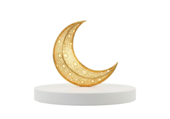 golden crescent moon sculpture on pedestal for ramadan eid mubarak decor