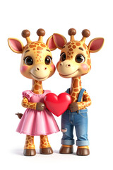Two giraffes holding red heart isolated on white background
