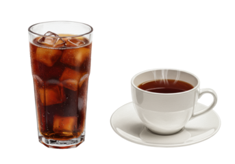expressive digital watercolor of opposing beverages: dark iced tea with condensation and steaming black tea in a cup, transparent studio background. concept of duality and choice